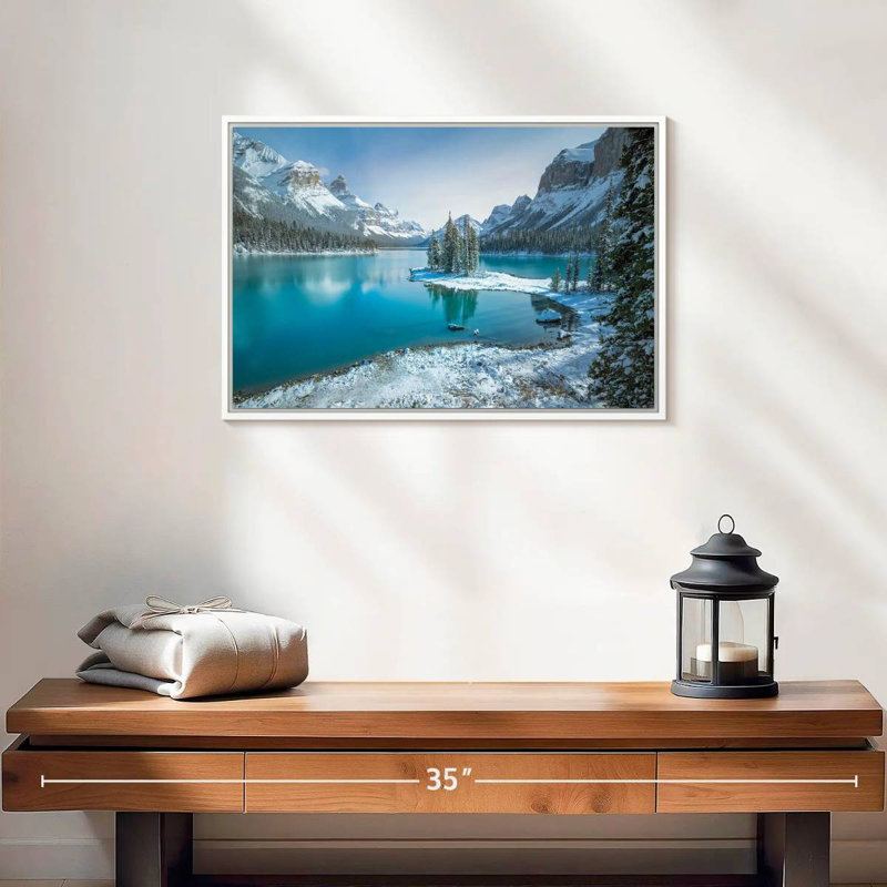 Spirit Island en hiver, Cadre flottant blanc, 19 po x 13 po