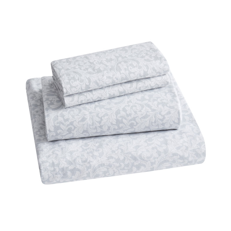 Scroll 4-Piece Triple Brushed Cotton Flannel Bed Sheet Set, Full/Double Sheet Set with 1 Fitted Sheet, Gray