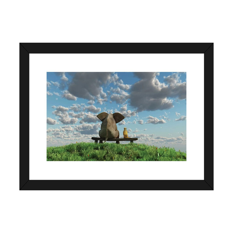 Éléphant et chien assis sur un pré - reproduction d'art, H 24 po x l 32 po x P 1 po, Papier beaux-arts encadré noir