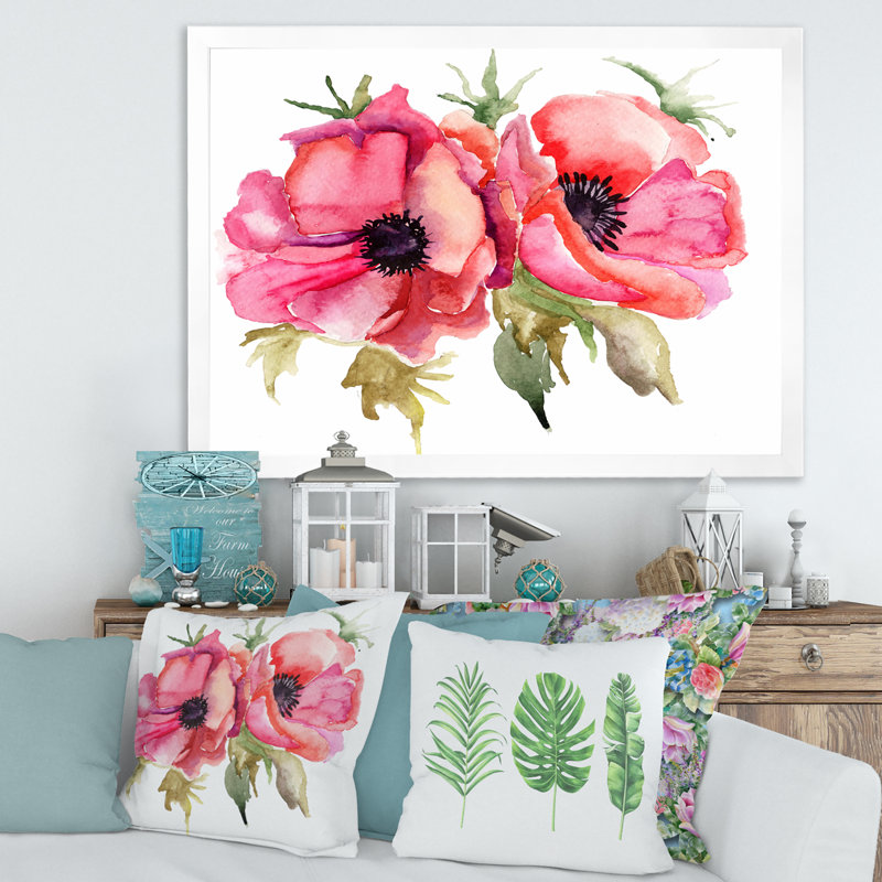 Fleurs de coquelicot stylisées - peinture sur toile, H 30 po x l 40 po x 1,5 po, Toile blanche encadrée