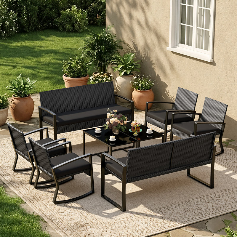 Wicker 8-person Patio Seating Group With Cushions, Loveseat, Rocking Chairs & Coffee Table