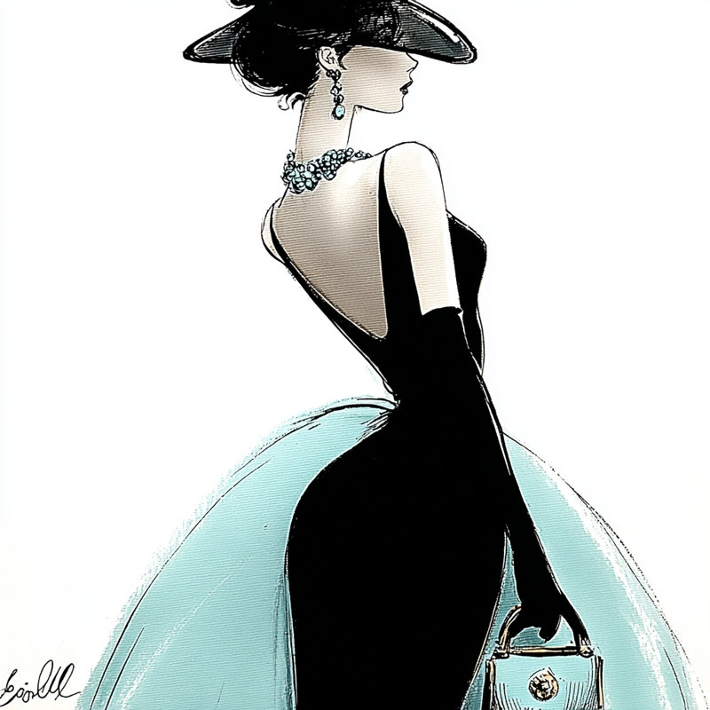 «Elegant Lady in Black Dress and Aqua Skirt», art mural sur toile tendue