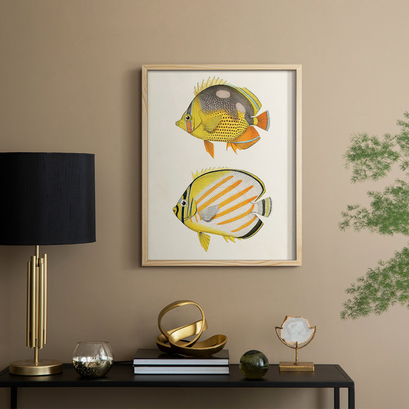 «Yellow and Gray Fish IV», reproduction encadrée - bois massif, H 11 po x l 9 po