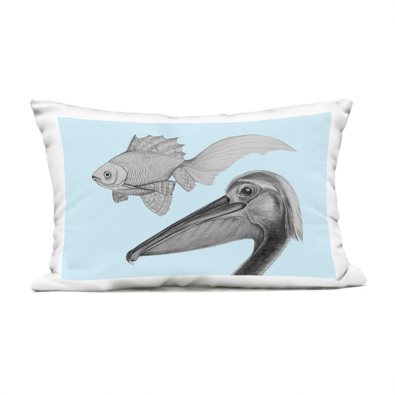 Dessin de pelican et de poisson croquis sur fond bleu imprimé par Violeta Vollmer, Pélican bleu et poisson