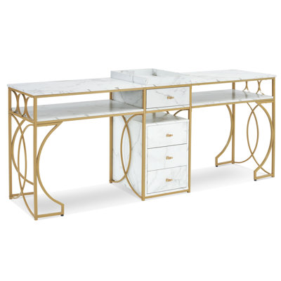 Modern Double Position Modern Nail Desk with Drawer and Shelf 78.7'' Wide, Metal Frame
