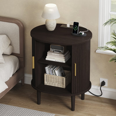 23.62"H Mid-Century Modern End Table With Charging Station & Sliding Door Storag