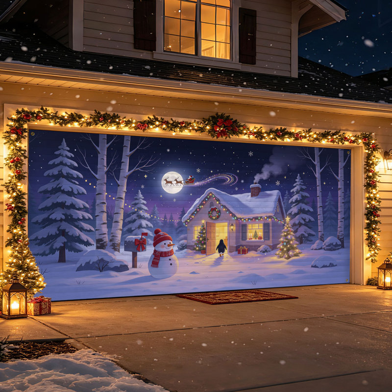 Murale de porte de garage de Noël avec scène de chalet enneigé