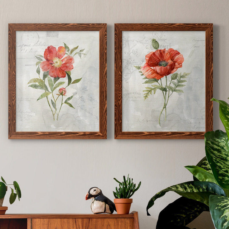 Lin pivoine - ensemble de 2 reproductions d'art, H 20 po x l 17 po x P 1 po, Toile avec cadre érable, Pas de tapis