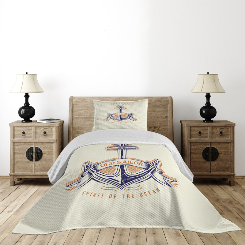 White Quilted Microfiber King Bedspread Set with Anchor Design