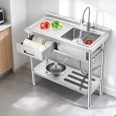 Stainless Steel Utility basin, Freestanding Single Bowl, With Pull-Out Faucet, Adjustable Shelf, Drawer, Workbench, Knife Rack – Ideal for Kitchen, Laundry, Garage, Outdoor