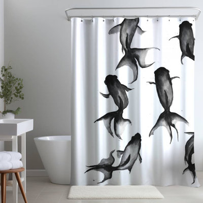 Black Fishes – Aquatic Theme for Bedroom – Polyester Shower Curtain, Dye Sublimation Print, 71" W × 74" L
