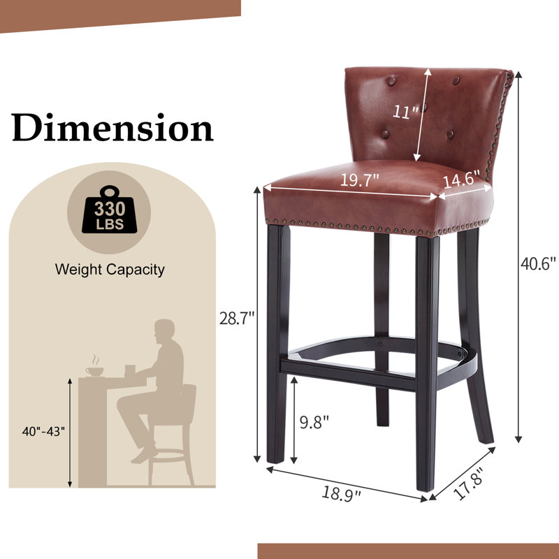 Ensemble de 2 tabourets de bar avec dossier, siège en cuir véritable et structure en bois massif, chaises à hauteur de comptoir pour îlot de cuisine et salle à manger