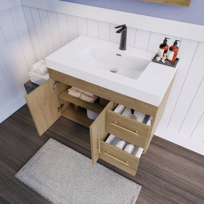 Ensemble de meuble-lavabo simple mural 35 po Spring, Chêne blanc