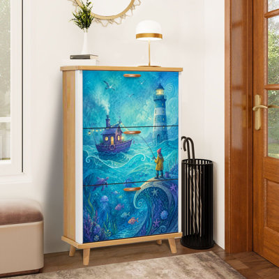 Shoe Storage Cabinet with 3 Flip Drawers for Whimsical Ocean Scene Lighthouse Fishing Boat Shoe Rack Storage Organizer
