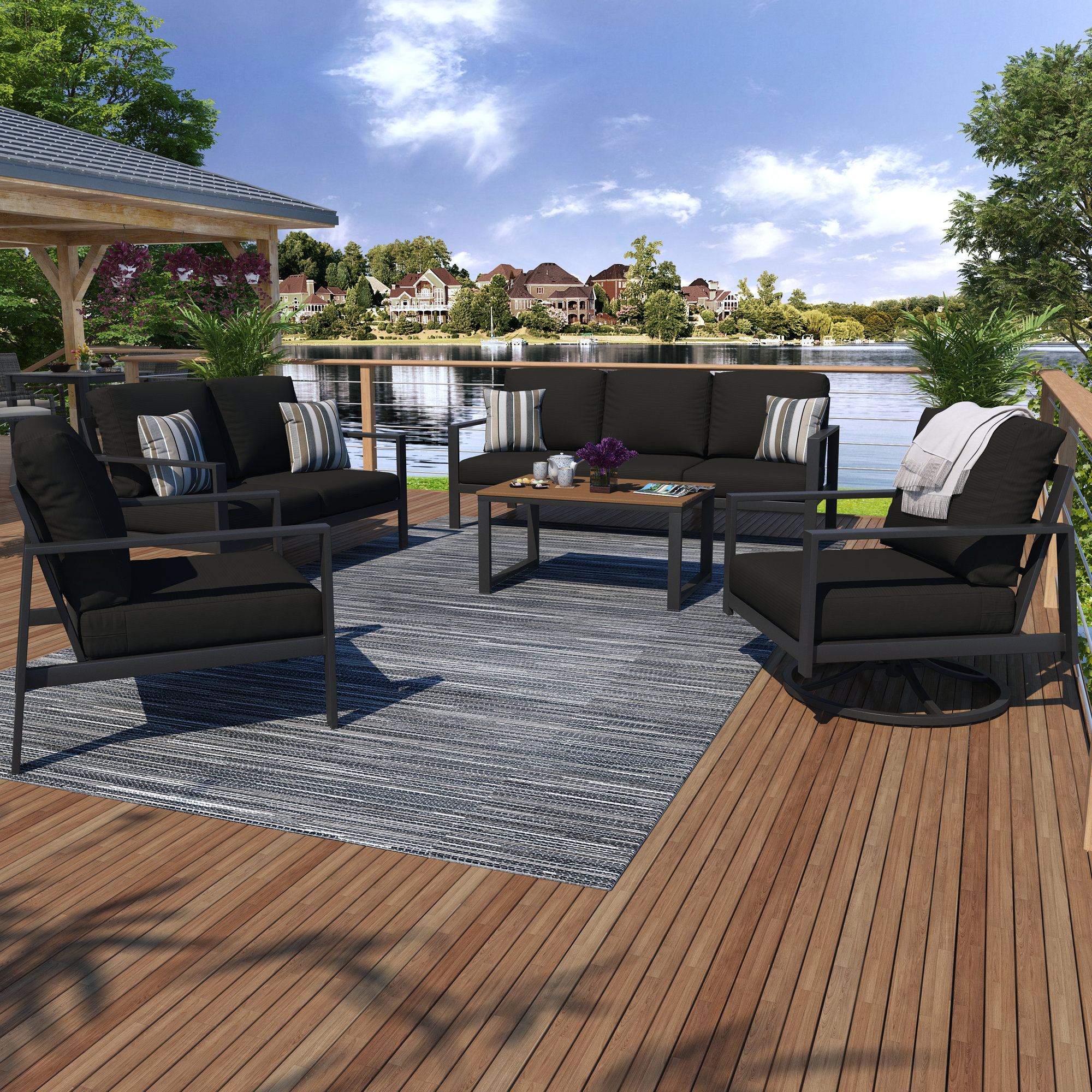 Townsend Sofa Seating Group with Sunbrella Cushions, Canvas Black Sunbrella® Canvas, Mahogany