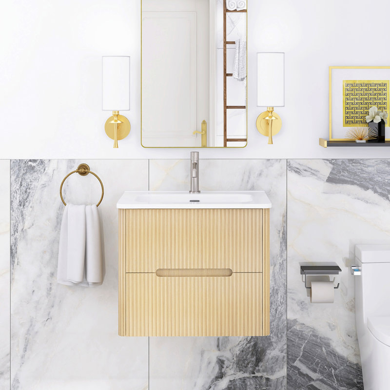 24 In. W Single Sink Wall Mounted Bath Vanity With White Ceramic, Natural