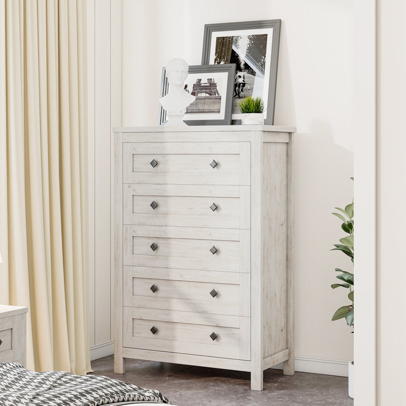 Commode haute 5 tiroirs Devion Farmhouse, Bouleau blanc
