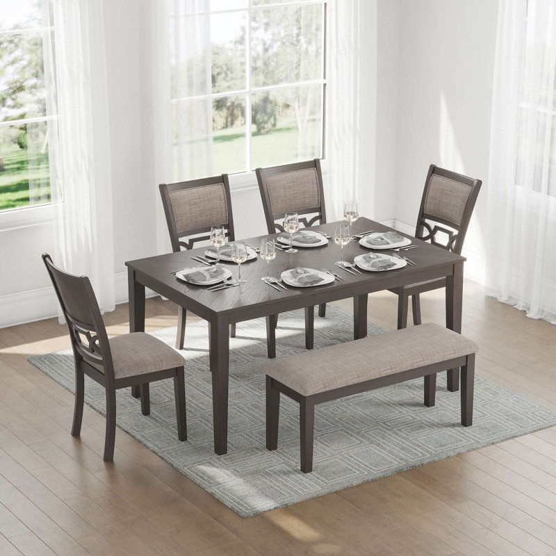 Table de salle à manger Leangelo, 4 chaises et banc (ensemble de 6), Gris foncé, Gris foncé, Gris foncé / Gris