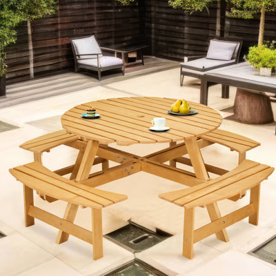 Table de pique-nique en bois naturel pour 8 personnes avec 4 bancs. Trou de parasol, pour cour, patio, jardin extérieur - Banc de style rustique pour patio et