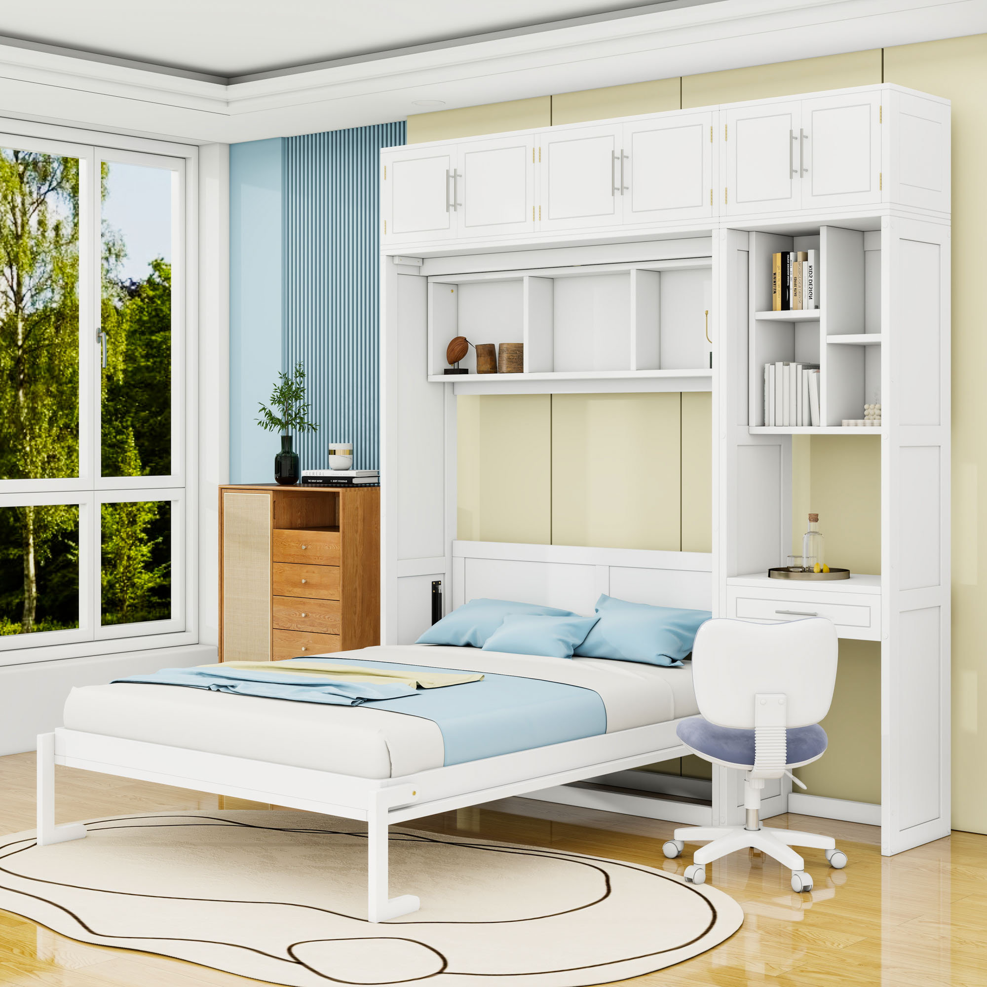 Red Barrel Studio® Wood Murphy Bed with Desk, Cabinets, Drawer and ...
