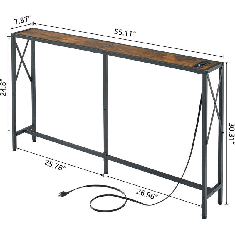 Console Table With Outlets & USB Ports | 55" Rustic Brown Entryway/Hallway/Living Room Table