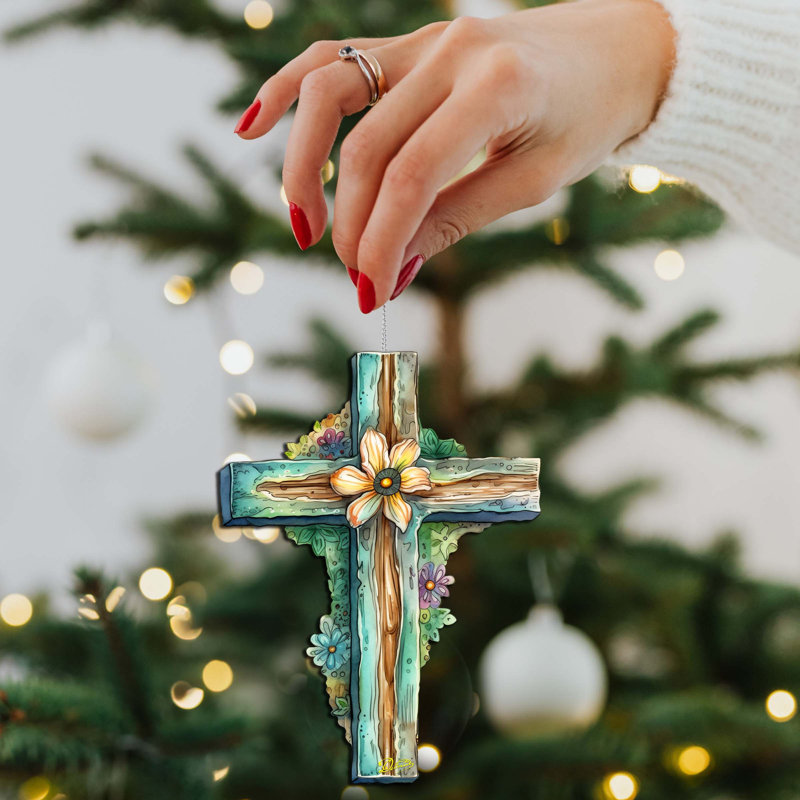 Teal Easter Cross Wooden Ornaments By G. Debrekht