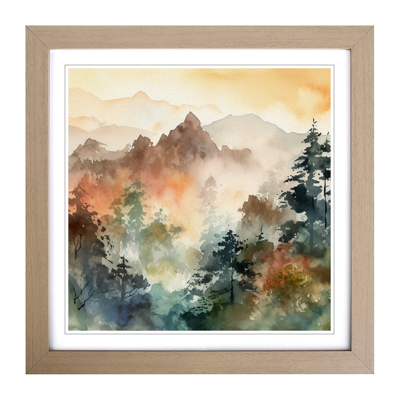 Japanese Mountains Watercolour No.2 - Single Picture Frame Print on Wood, Oak