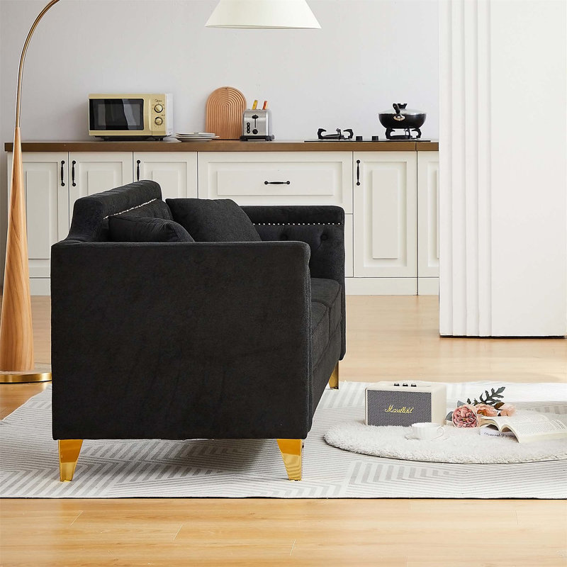 " mid-century modern chenille sofa | tufted buttons & copper nail armrest | 2 pillows | metal legs | stylish living room couch