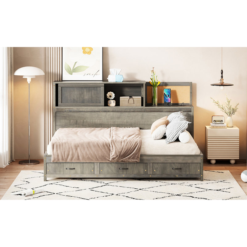 Lit de jour gris avec structure en bois, tiroirs de rangement, tableau souple supérieur et dispositif - Alimentation de charge pour les appareils en bois, avec 3 tablettes, électronique pratique