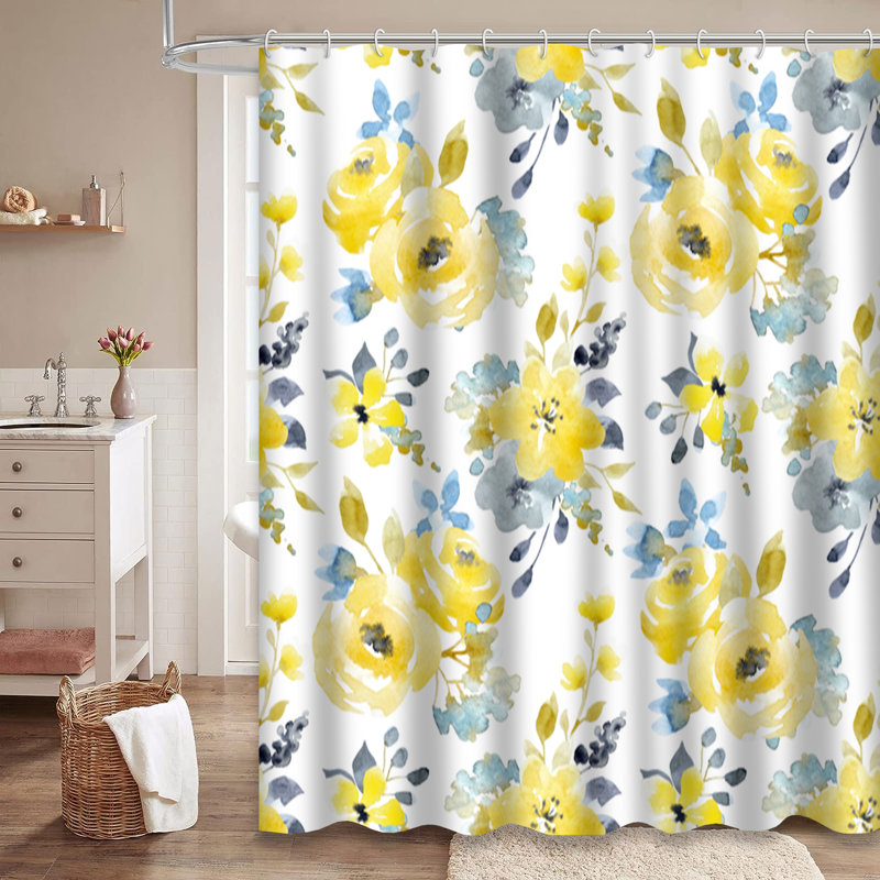 Rideau de douche aquarelle bleu jaune avec fleurs abstraites et 12 crochets, L 72 po x l 84 po