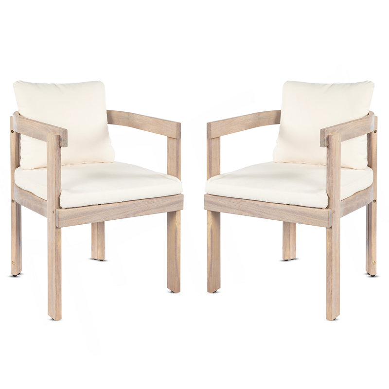 Ensemble de 2 chaises de salle à manger en bois d'acacia, fauteuils avec coussins crème, fauteuil d'appoint en tonneau, ensemble de chaises d'appoint de cuisine pour balcon, cour, jardin, blanc clair