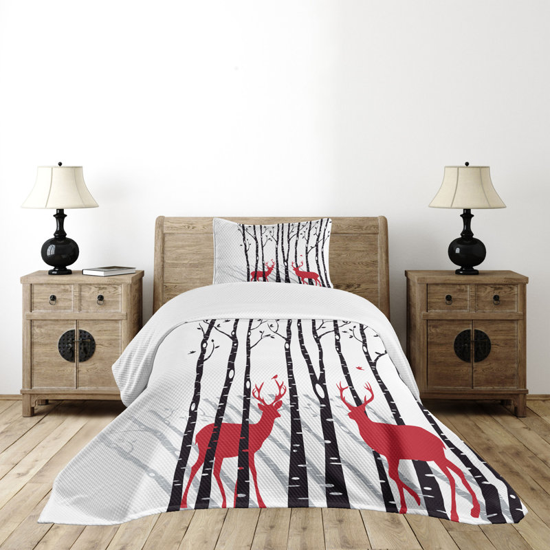 Twin White Quilted Bedspread Set with Red Deer Design