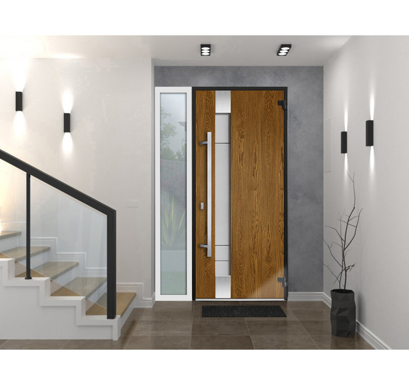 Porte d'entrée extérieure prémontée en acier Deux 1713 Chêne naturel, fenêtre latérale extérieure blanche, inserts en acier inoxydable, style moderne, peinte - L 36 + 12 x H 80 - Ouverture à gauche vers l'intérieur