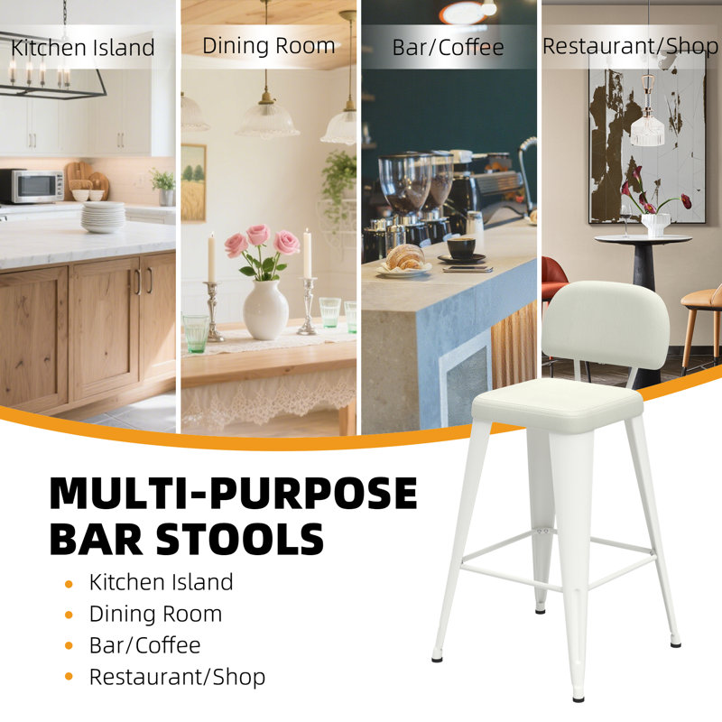 Upholstered Seat Stools with Metal Frame, White, Bar Stool (30" Seat Height)
