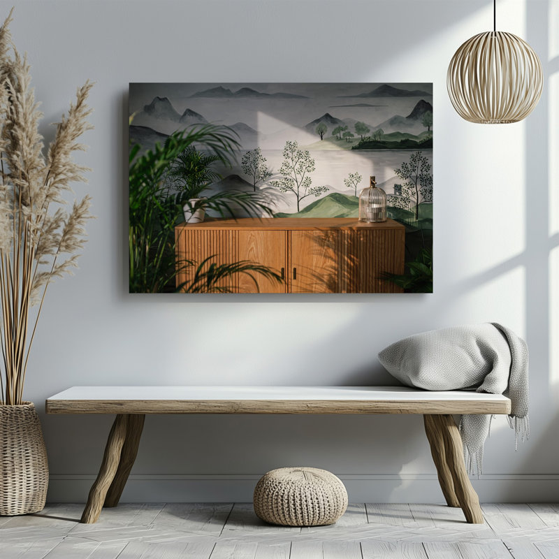 Toile d'une scène intérieure sereine avec une armoire en bois élégante avec art mural lattes verticales positionnées contre un magnifique art mural sur toile