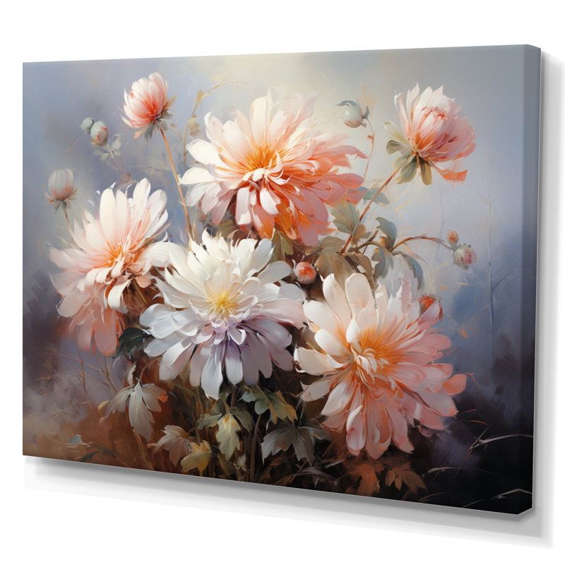 Impression romantique Sulgrave Peach Chrysanthemums III, H 34 po x l 44 po x P 1,5 po, Toile tendue