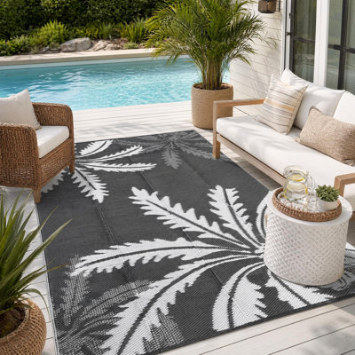 Tapis extérieur gris et blanc 9 x 12 po, tapis de patio tissé en tube PP avec motif de feuilles simples modernes, tapis intérieur durable pour terrasse de 340 g / m², 9 pi x 12 pi