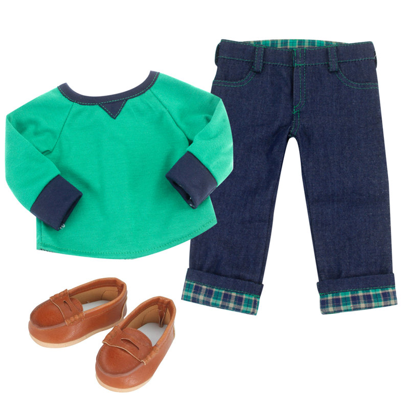 Doll Shirt Flannel Cuffed Jeans and Penny Loafers