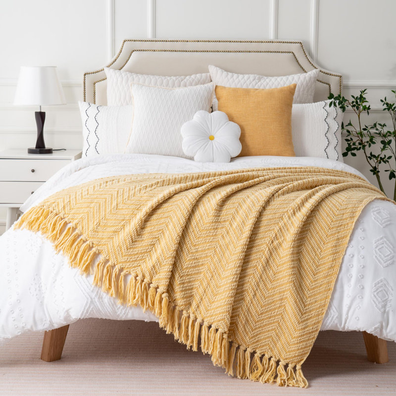 Yellow Knitted Chenille Throw Blanket, 130cm x 150cm