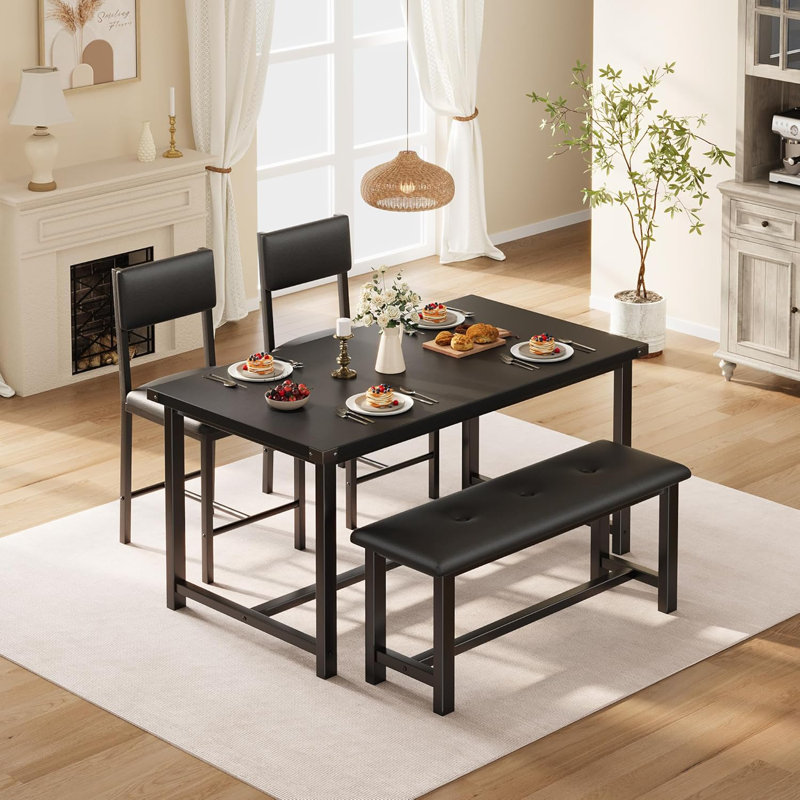 Small Space Wooden Dining Table Set for 4, Kitchen Table and 2 Upholstered Chairs w/Bench, Rectangular Dining Room Set
