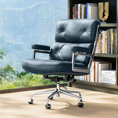 Blue Genuine Leather Executive Office Chair with Aluminum Frame