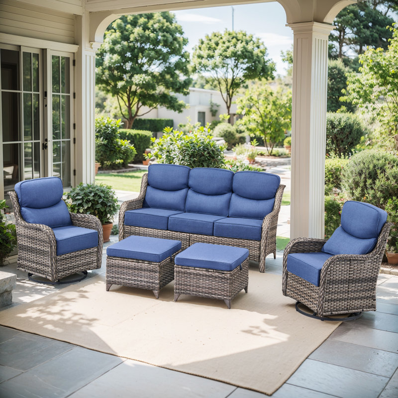 Meriline 5-Piece Wicker/Rattan Sofa Seating Group With 6" Thick Cushions, 5 Pcs: Sofa, 2 Chair, 2 Ottomans, Blue, Gray