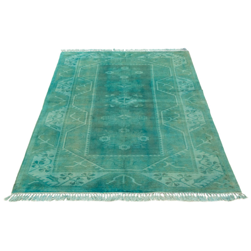 Tapis cyan en laine noué à la main de conception unique 6 pi 5 po x 9 pi 10 po