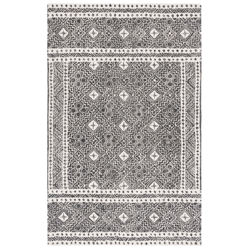 Masahiko Hand Tufted Wool/Cotton Geometric Rug in Ivory/Black, Rectangle 4' x 6'