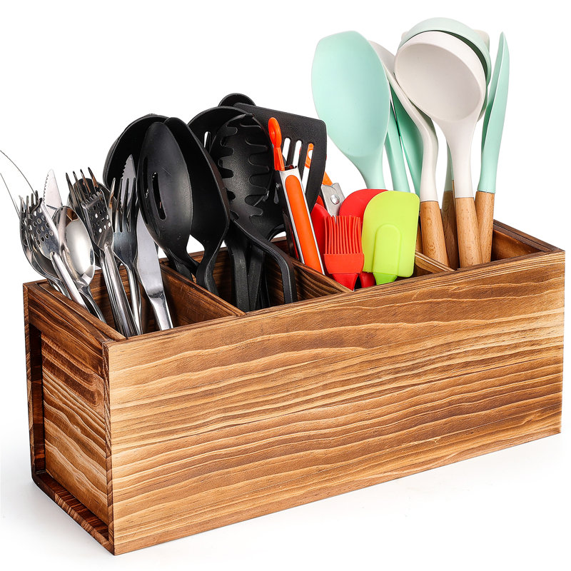 Large Tableware Rack, Flatware Caddy, Blade Rack, with 4 Compartments, Brown