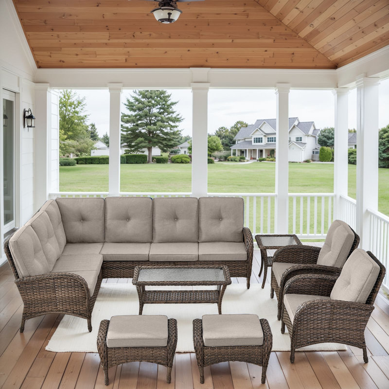 Serita Yokota 8-Pieces Outdoor PE Wicker Patio Sectional Outdoor Conversation Set With Cushions, Beige