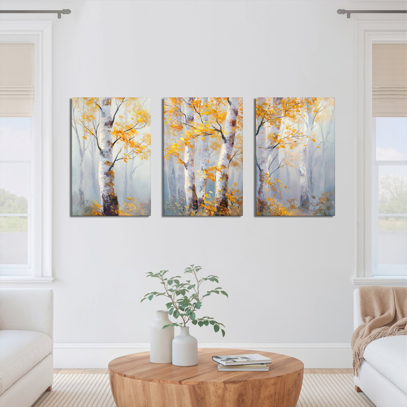 «Autumn Birch Trees», reproduction d'art sur toile tendue sur toile (ensemble de 3), H 24 po x l 48 po