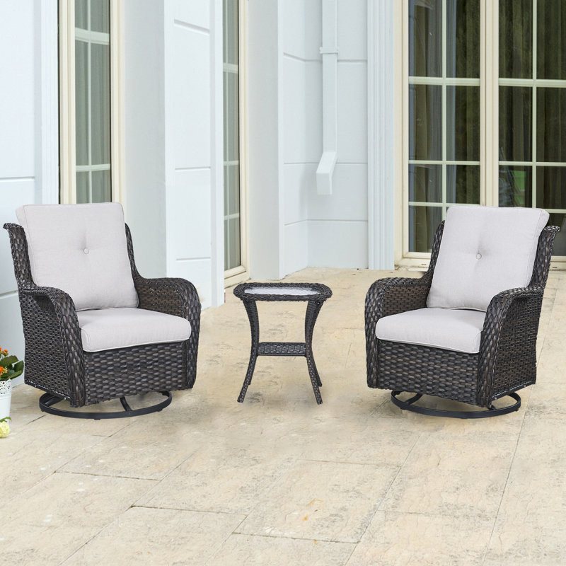 Chaises berçantes d'extérieur pivotantes en osier pour patio avec table d'appoint, Blanc