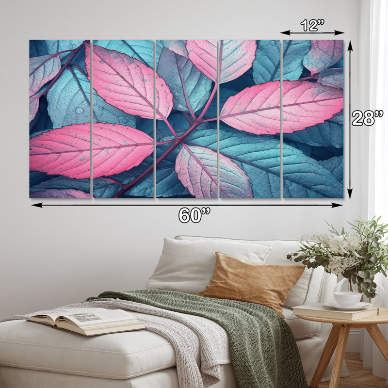 «Pink Teal Leaf Of Splendor», ensemble de reproductions d'art mural en métal