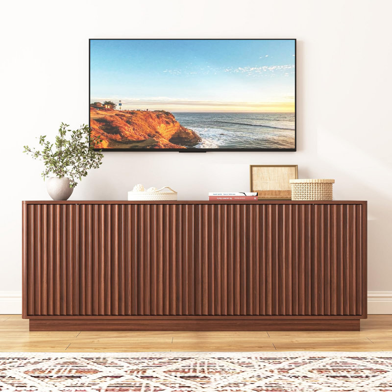 Meuble télé cannelé pour téléviseur 75 po, meuble télé Mid Century, Walnut